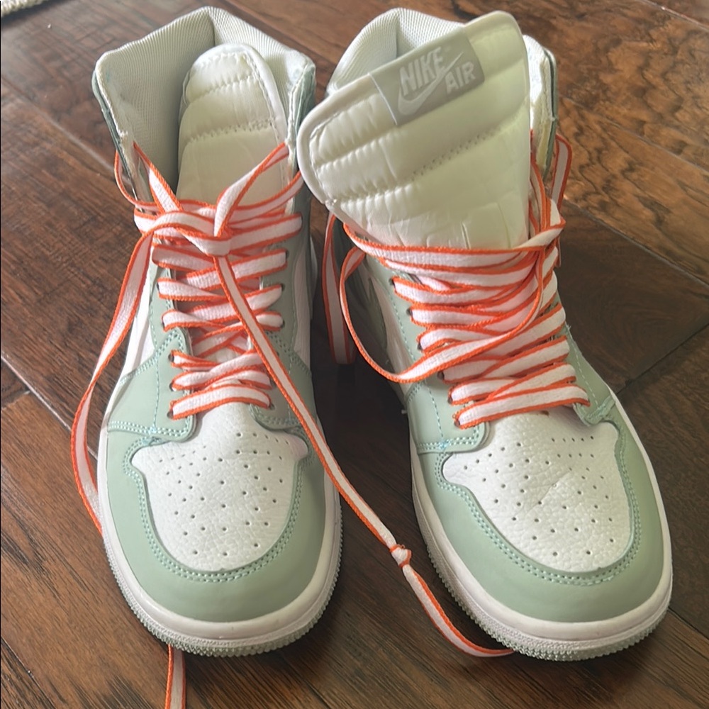 Jordan High-Top Sneakers in Mint Green, White and Coral - Picture 2 of 5
